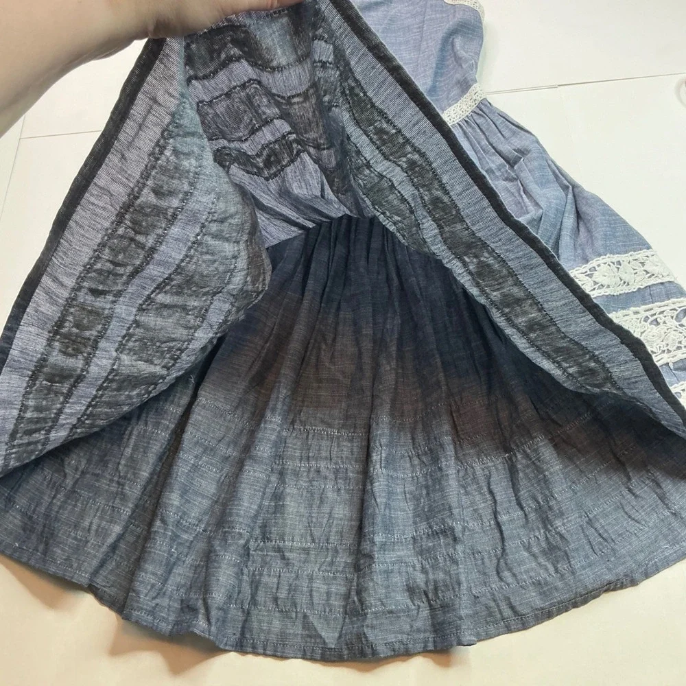 Kaisely Blue Chambray Lace Trim Open Back Dress Kids Size 10 Cottagecore Boho